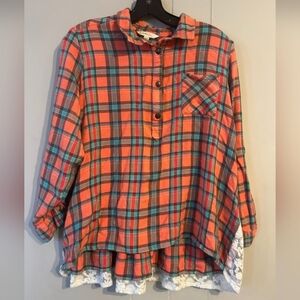 Matilda Jane Noble Plaid Flannel Coral Popover Shirt Floral Lace Womens Size XL